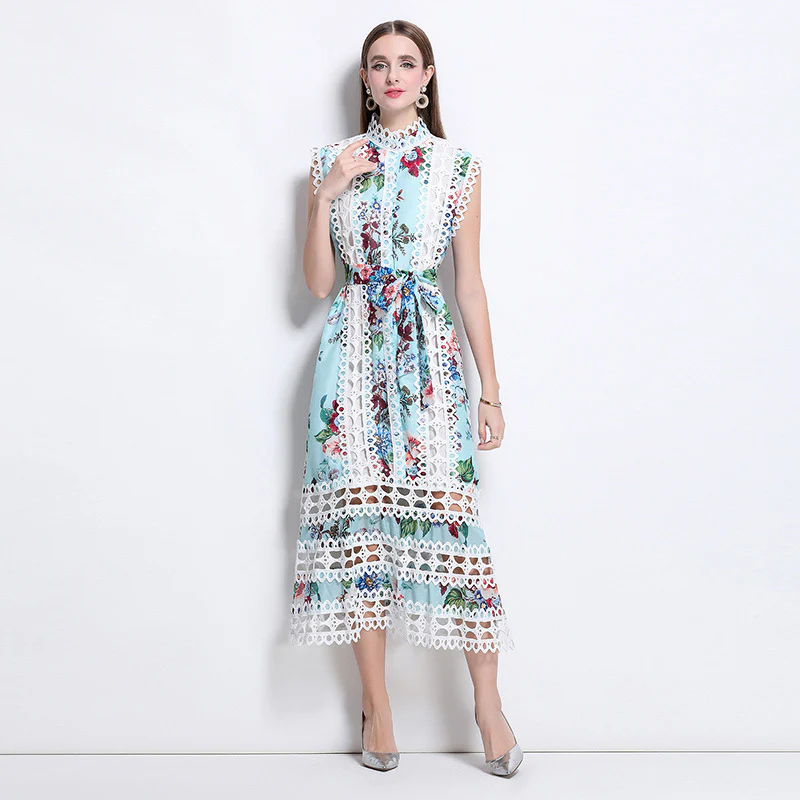 retro niche temperament court hollow lace A-shaped skirt women's clothing summer stand-up collar waist and thin dress - Deanwangkt