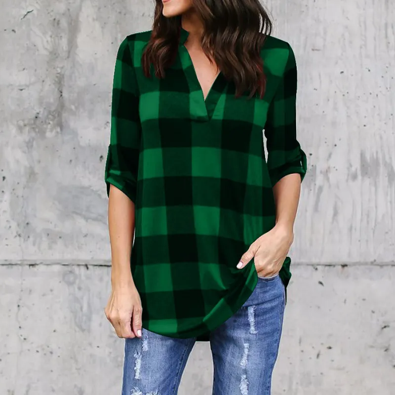 Blouses Women Plaid Shirt V-neck Shirt Women Black and Red Ladie Top Chemise Cotton Plaid Women Tops Casual Blouse Shirt - Deanwangkt