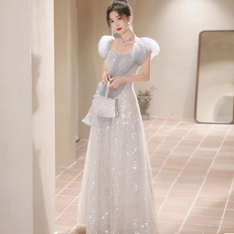 2025 Banquet evening dress skirt 2025 new blue  light luxury bubble sleeve birthday princess skirt adult dress skirt - Deanwangkt