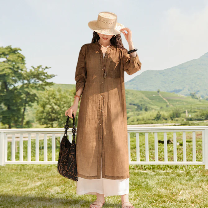 Tencel ramie shirt skirt, art tea coffee color long skirt, long shirt jacket long shirt B0731 - Deanwangkt