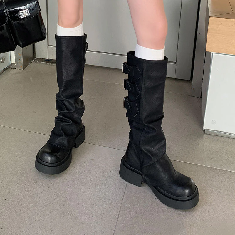 Thick-Soled Cowhide Pants Boots! New round Head Chunky Heel Belt Buckle Sleeve Flanging Mid Heel Knee-High Boots plus Size 40 - Deanwangkt