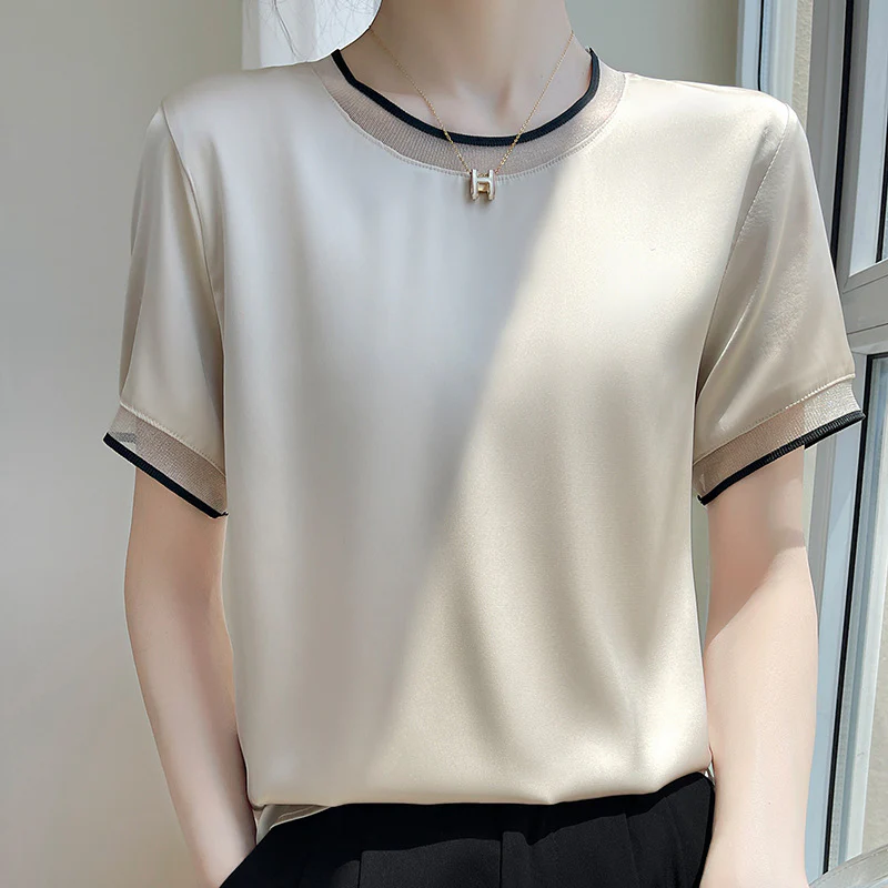 DEANWANGKT  Summer New Silk Satin Mesh Patchwork round Neck Slimming Short-Sleeved T-shirt Top Women's Mulberry Silk All-Matching Women's Wear - Deanwangkt