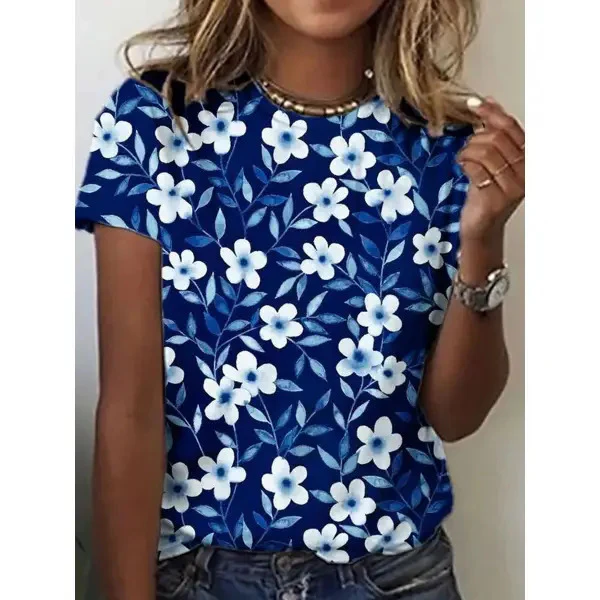 DEANWANGKT  European and American Women's Clothing Summer New Foreign Trade 3D Plant Flower Digital Printed round Neck Short Sleeve Women's T-shirt ME15 - Deanwangkt