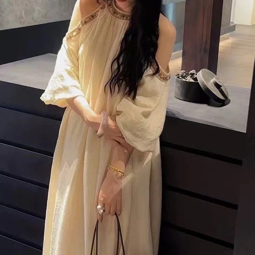 2025 Spot popular new national style design sense off-the-shoulder lace dress children's summer long dress temperament looks thin and trendy - Deanwangkt