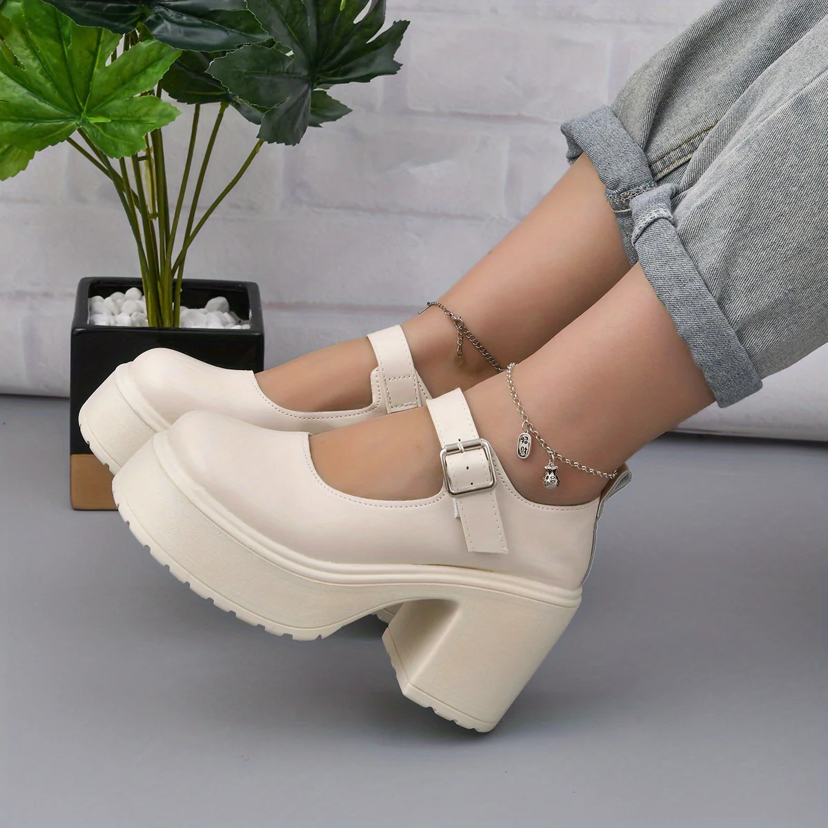 deanwangkt  Women's Platform High Heels, Round Toe Buckle Strap Chunky Heel Mary Jane, Versatile Lolita Shoes - Deanwangkt