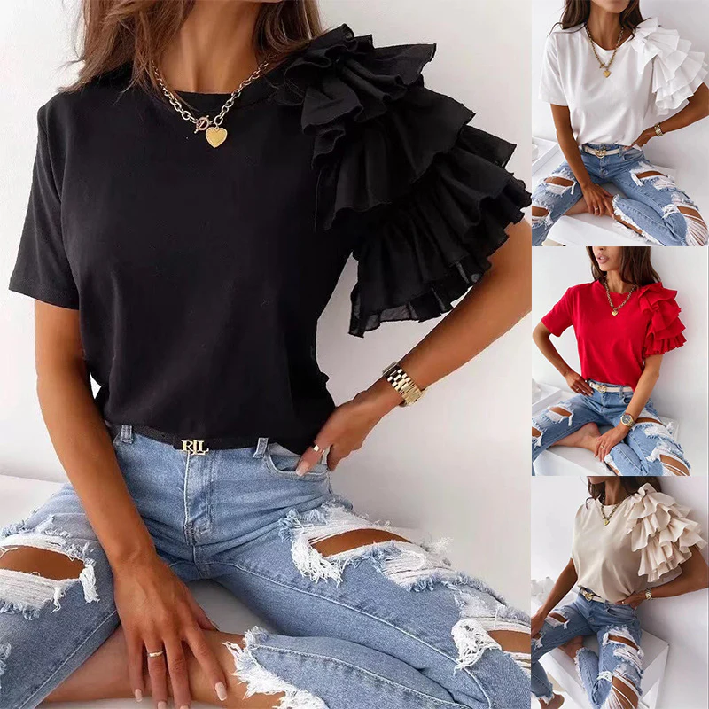 DEANWAQNGKT   Summer Independent Station   Cross Border New Simple Fashion Ruffled Short Sleeves All-Match round Neck T-shirt - Deanwangkt