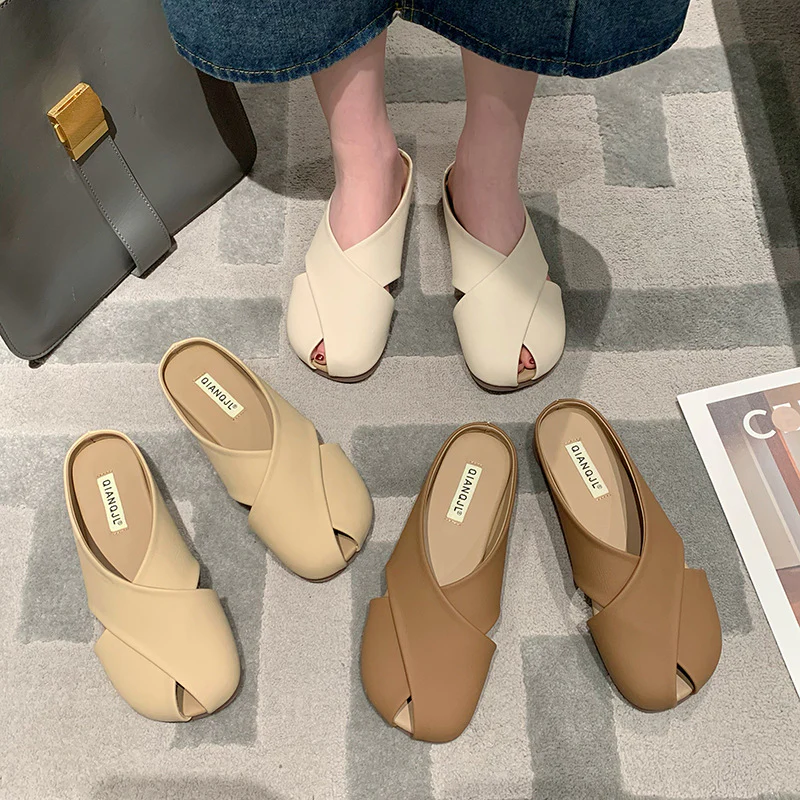 DEANWANGKT  New Lazy Pump Half Slippers Women's Summer Outdoor Fashion Pregnant Women Non-Slip Flat Slippers Fish Mouth Pumps - Deanwangkt