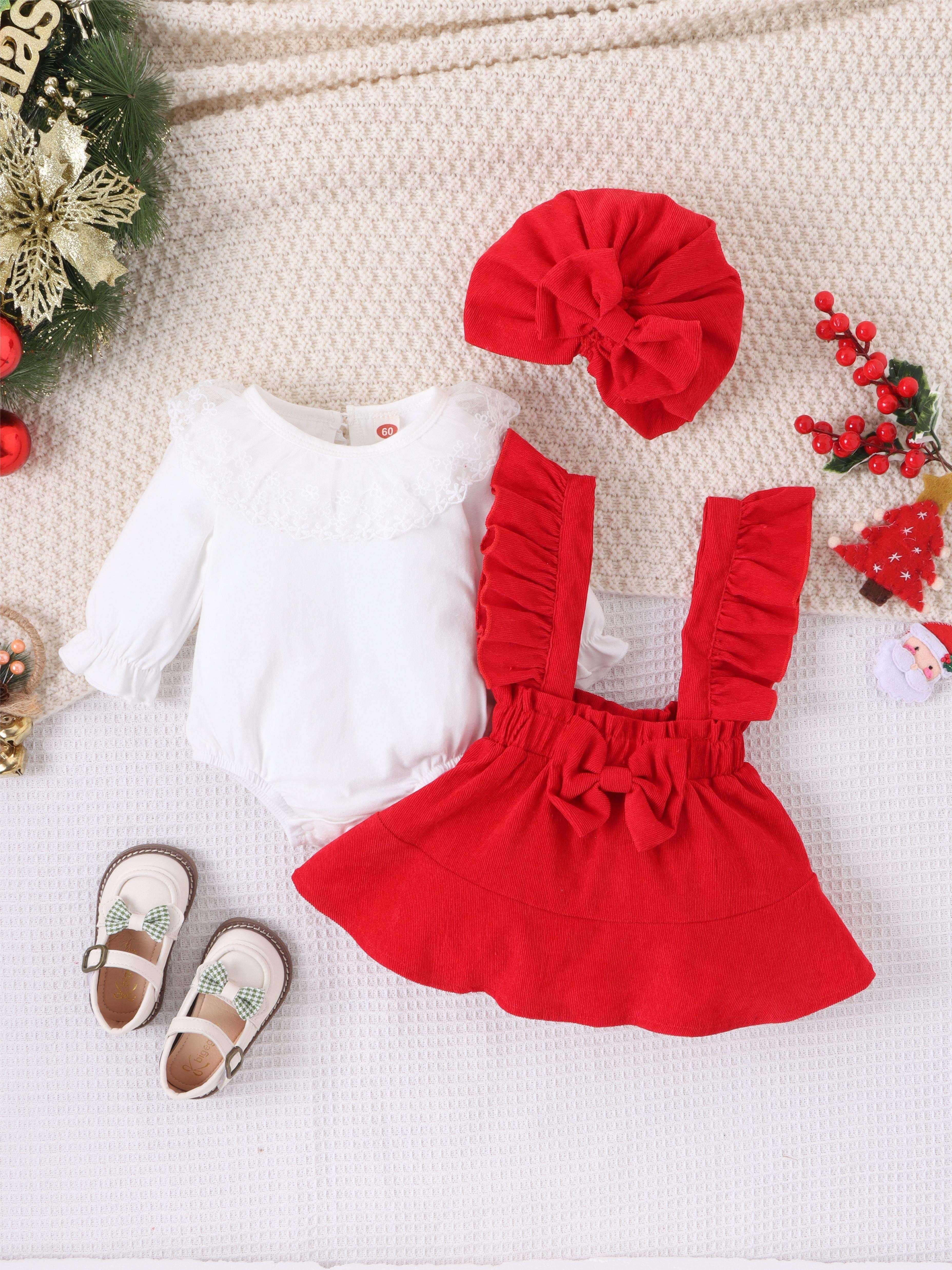 Baby Girls Cute Lace Trim Long Sleeve Romer + Red Plaid Suspender Skirt + Hat 3pcs Set Party Christmas Outfit, Coquette Style - Deanwangkt