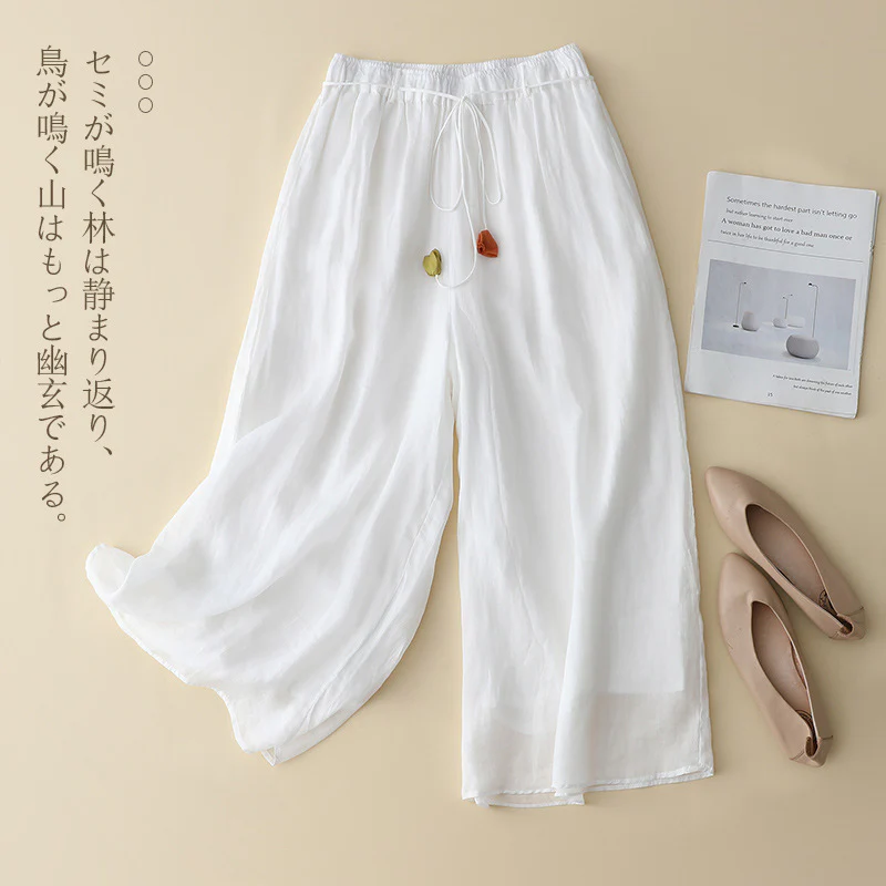 3372 Comfortable lace-up versatile wide-leg pants, summer super fairy Tencel hemp pants skirt, loose and drape casual women's pants - Deanwangkt