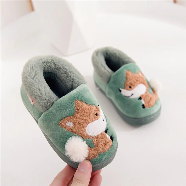 DEANWANGKT Boys and Girls Bag Heel Cartoon Fox Baby Fur Non Slip Cotton Slippers Winter Warm Children's Home Cotton Shoes - Deanwangkt