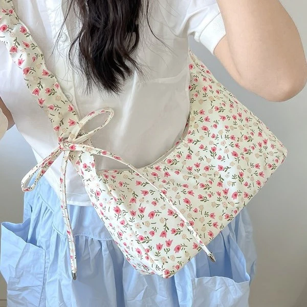 DEANWANGKT 2025 ins sweet broken flower canvas bag literary and cute underarm bag women's bag drawstring shoulder bag crossbody bag small bag - Deanwangkt
