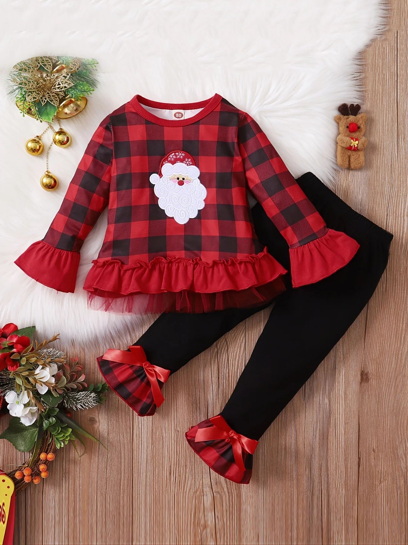 2pcs Toddler Baby Girls Christmas outdoor Outfits Santa Long Sleeve Ruffle Top & Plaid Flared Pants Set - Deanwangkt
