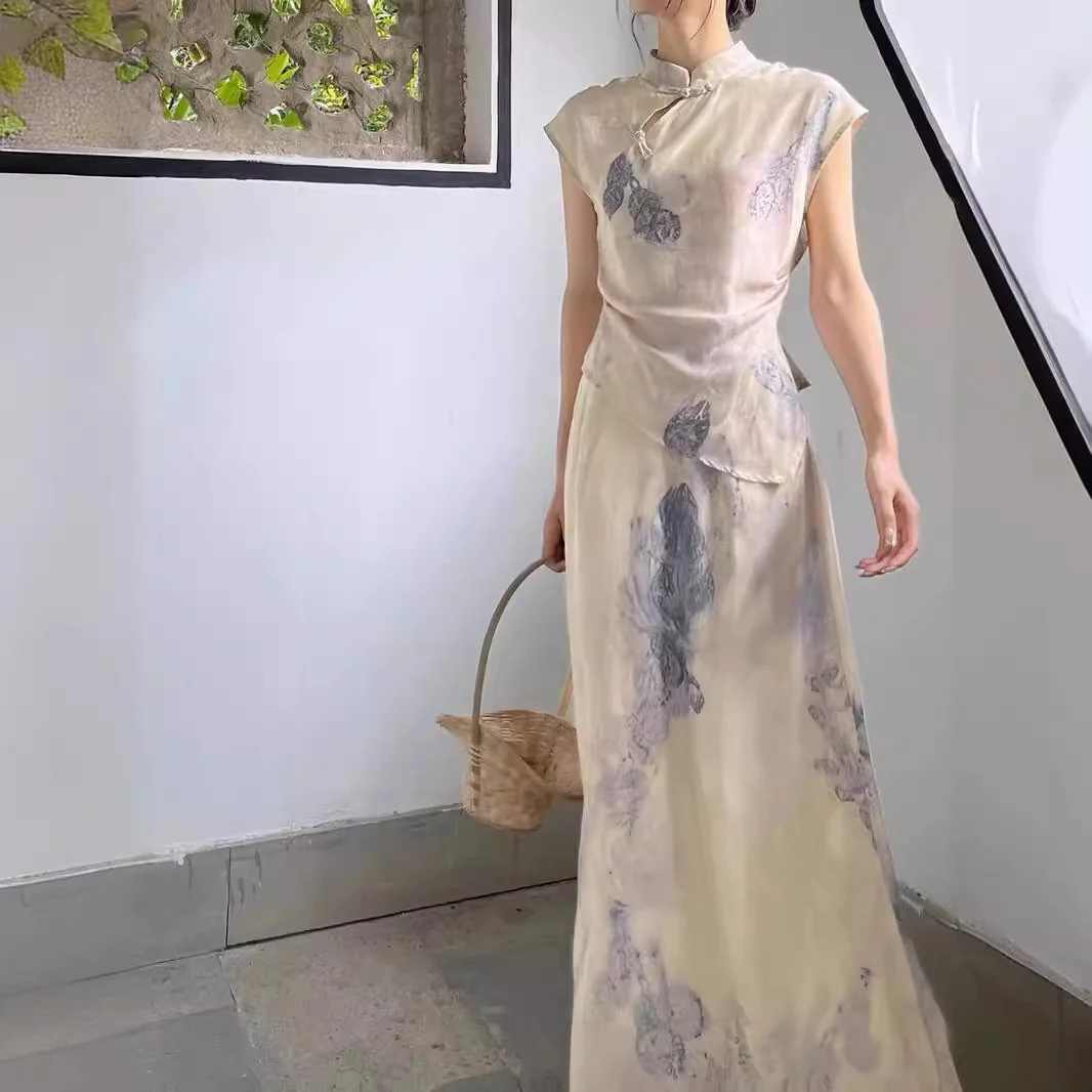 2025 Summer grass and wood dye floating Chinese style daily versatile stand-up collar top + skirt two-piece set - Deanwangkt