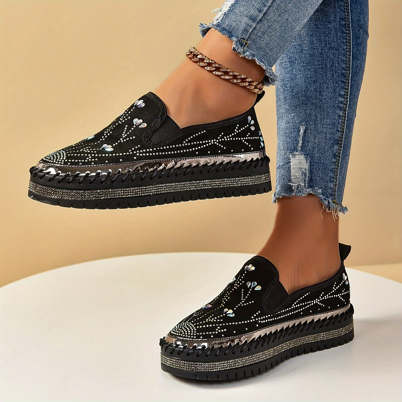 Womens Luxurious Rhinestone Decor Flatform Loafers - Elegant Round Toe, Easy Slip On, Ultra-Soft, Versatile Shoes for Outdoor Activities - Stylish Comfort for Various Occasions - Deanwangkt