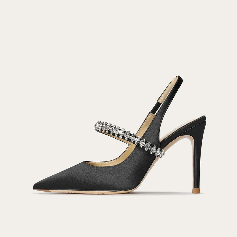 DEANWANGK  32-Size 45 One-Word Strap Closed Toe Sandals Women's Rhinestone  New Stiletto Heel Pointed-Toe Authentic Leather High Heels Women's Shoes - Deanwangkt