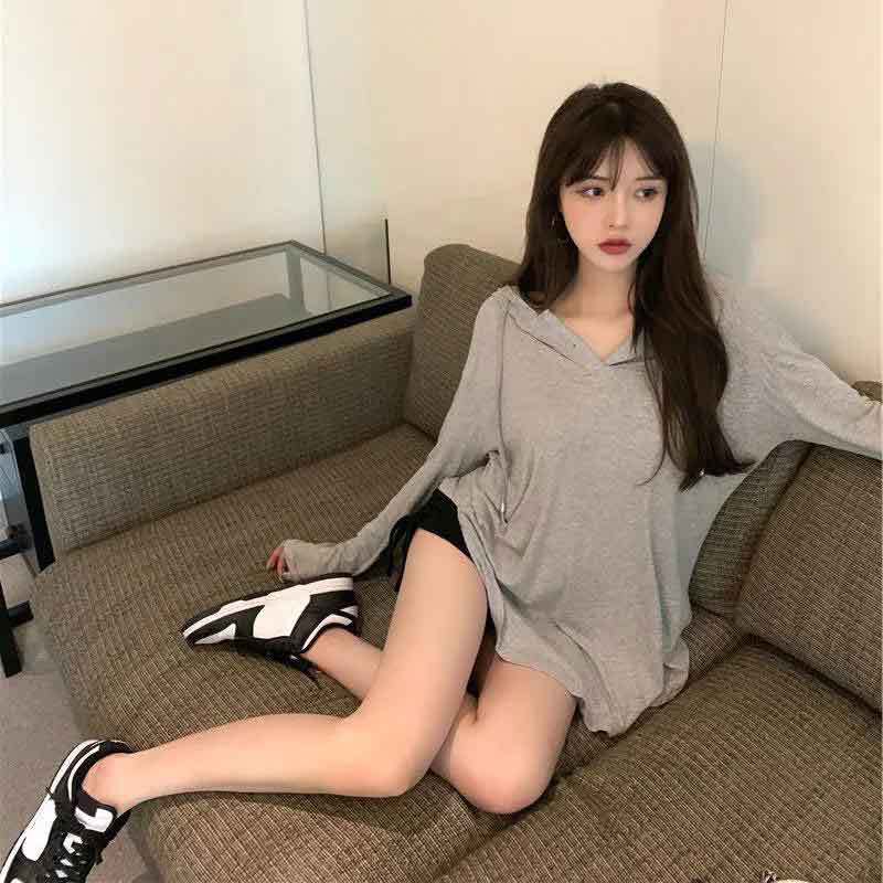 deanwangkt T-shirt for Women Ins Trendy Loose Thin Korean Style Chic Gray Sun Protection Hooded Long Sleeve Top Autumn  New - Deanwangkt