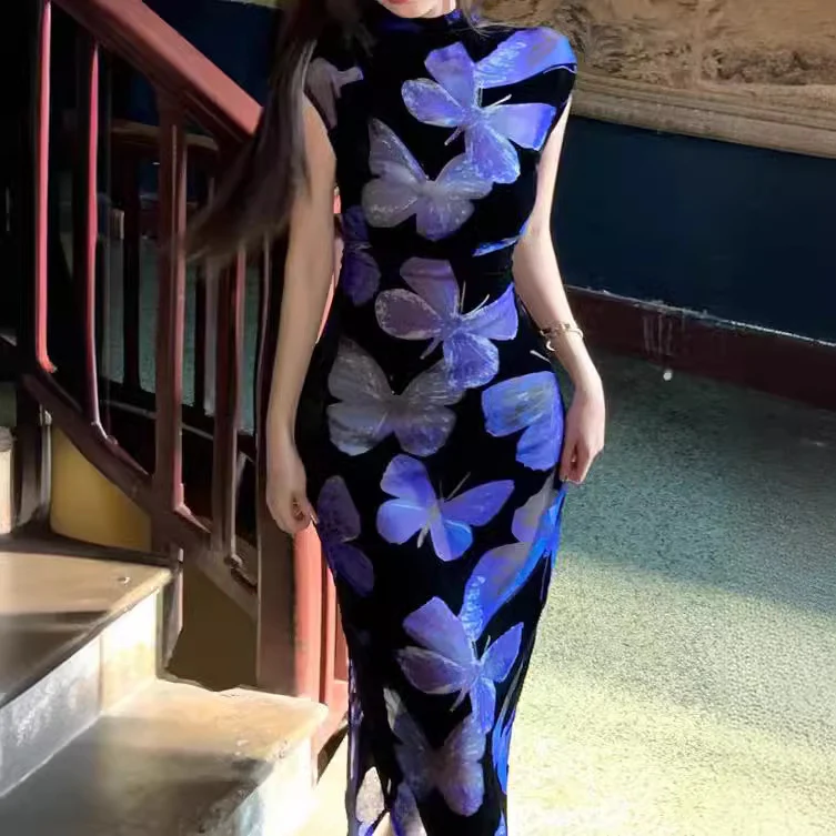 2025 National style cheongsam dress women's popular new retro temperament waist split dress - Deanwangkt