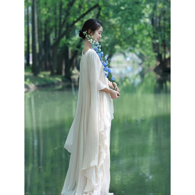 Cool Zen style round neck new Chinese style white dress children's spring loose lazy style temperament morning robe - Deanwangkt