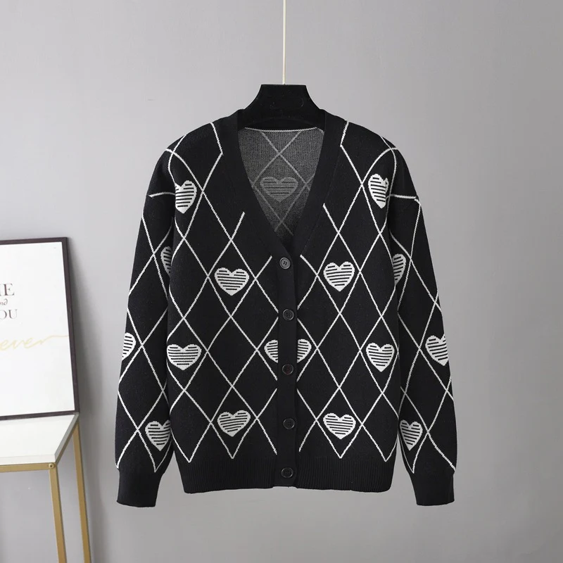 DEANWANGKT V-neck rhombus knitted cardigan for women's autumn and winter New new loose outer wear vest love sweater outer wear - Deanwangkt