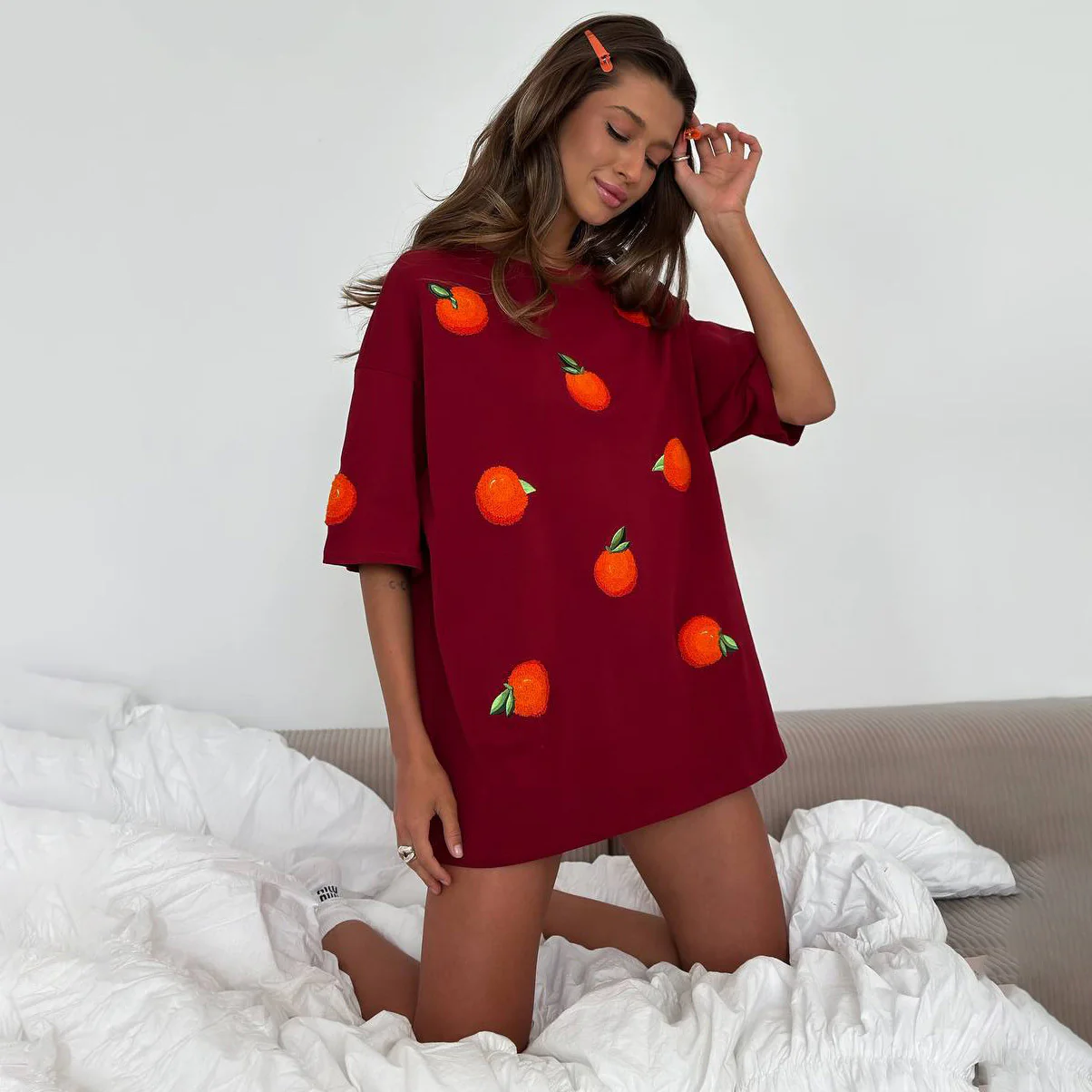personality INS style round neck fruit embroidery design sense T-shirt women's short sleeve loose fashion casual pullover top - Deanwangkt
