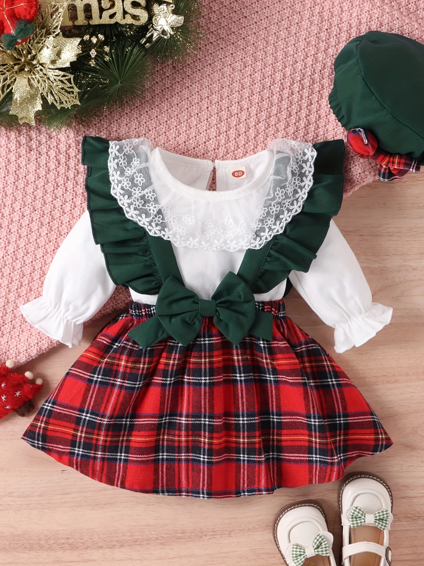 Baby Girls Cute Lace Trim Long Sleeve Romer + Red Plaid Suspender Skirt + Hat 3pcs Set Party Christmas Outfit, Coquette Style - Deanwangkt