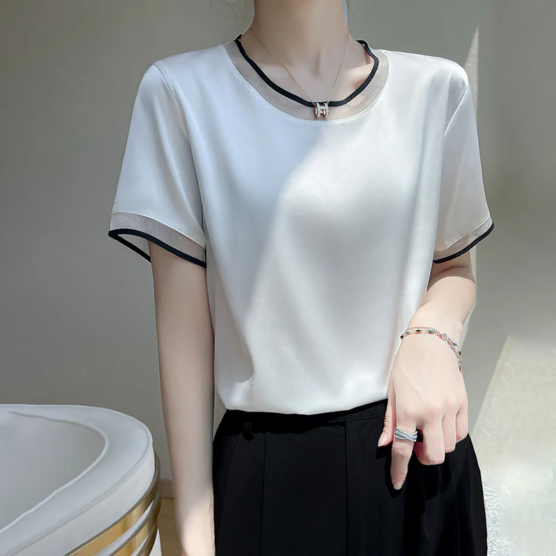DEANWANGKT  Summer New Silk Satin Mesh Patchwork round Neck Slimming Short-Sleeved T-shirt Top Women's Mulberry Silk All-Matching Women's Wear - Deanwangkt