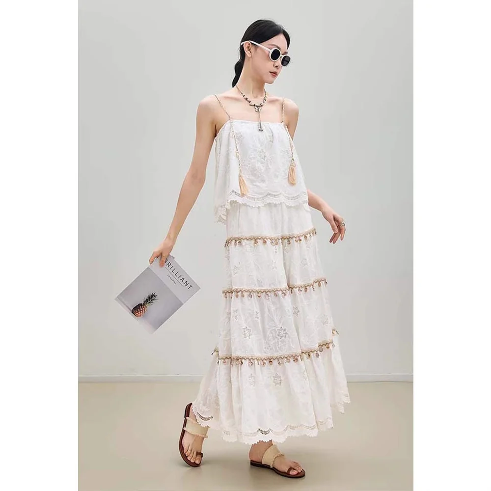 Siyuan Bohemian Heavy Industry fringed rope embroidered skirt women's 25 spring and summer vacation wind white dress 7839 - Deanwangkt