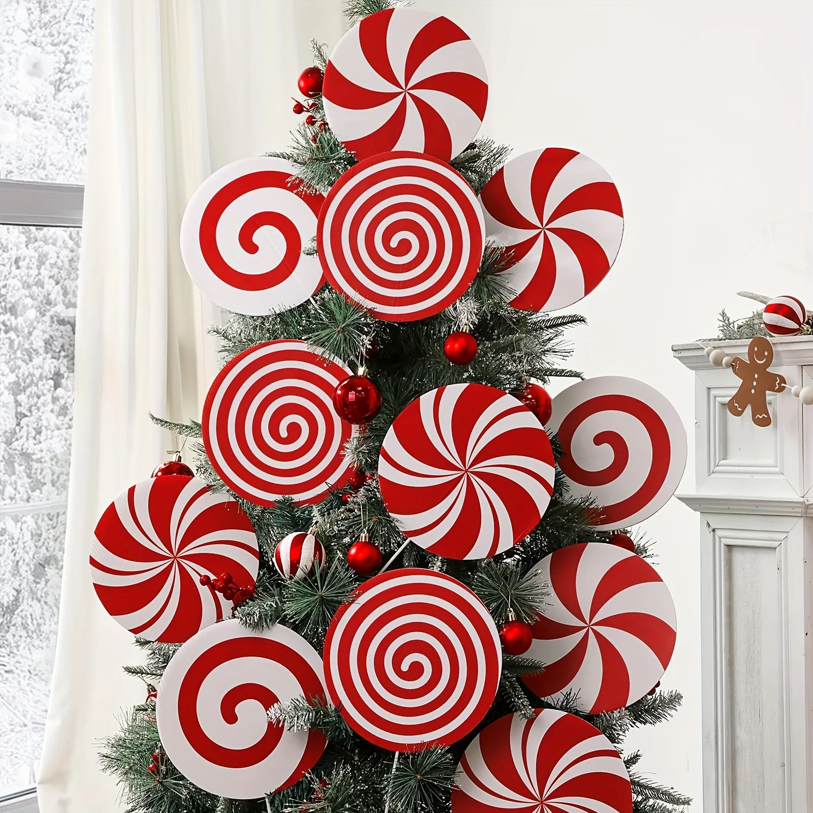 Christmas Tree Topper and Ornaments Set - 8 Large Candy Cane Swirls, Plastic Red and White Peppermint Sticks, Festive Holiday Decor for Home, Office, Party Centerpieces, No Electricity or Feathers Required - Deanwangkt