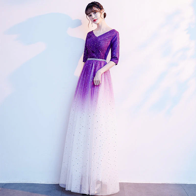 Solvbao Gradient Purple and White V-neckline Short Sleeves Party Dresses, A-line Floor Length Bridesmaid Dress - Deanwangkt