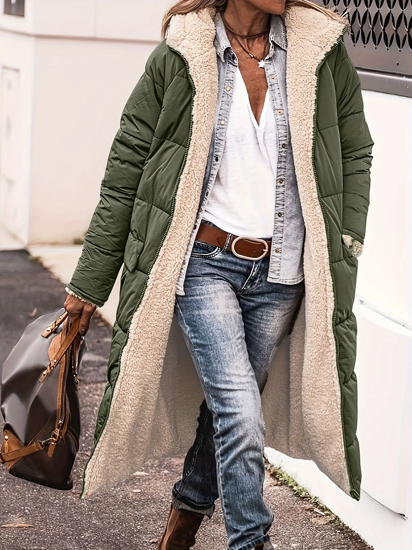 Cozy Long Sleeve Thermal Fleece Lined Zip Up Hooded Coat for Women, Casual Mid-length Fall & Winter Wear - Deanwangkt