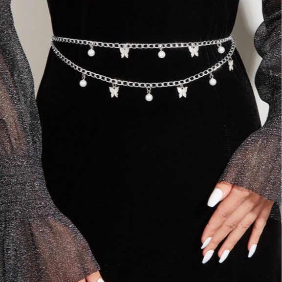 2025  3217 hot-selling waistchain alloy small butterfly pearl grain pendant exquisite fashion waist chain waist jewelry body chain - Deanwangkt
