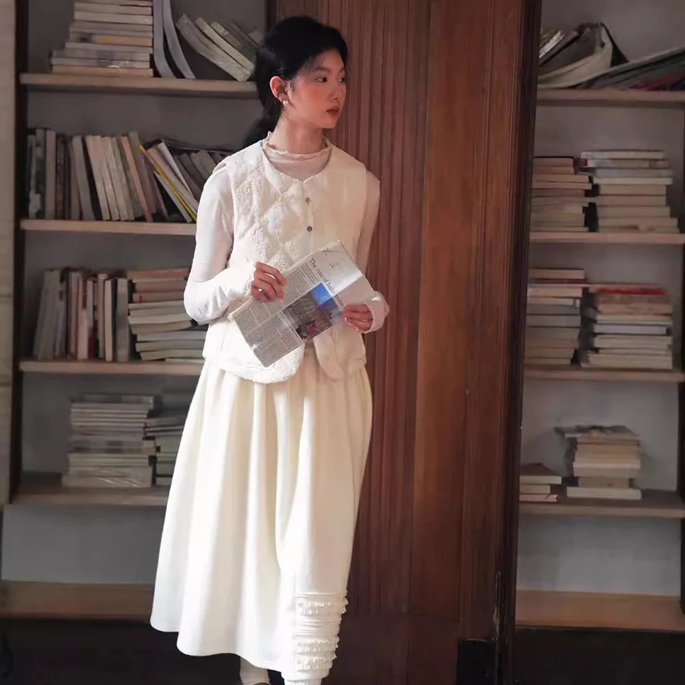 Set Autumn two-piece set High sense, jacquard crew neck vest padded vest,  wool high waist skirt - Deanwangkt