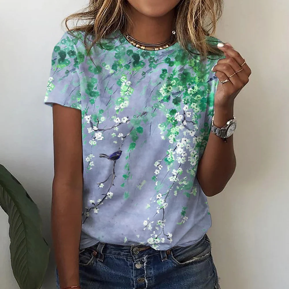 DEANWANGKT  European and American Women's Clothing Summer New Foreign Trade 3D Plant Flower Digital Printed round Neck Short Sleeve Women's T-shirt ME15 - Deanwangkt