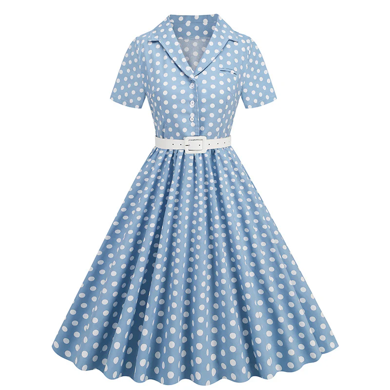 DEANWAQNGKT  European and American Women's Clothing Polka Dot Stitching Belt Short Sleeve European and American Style Dress Hepburn Vintage  Dress - Deanwangkt