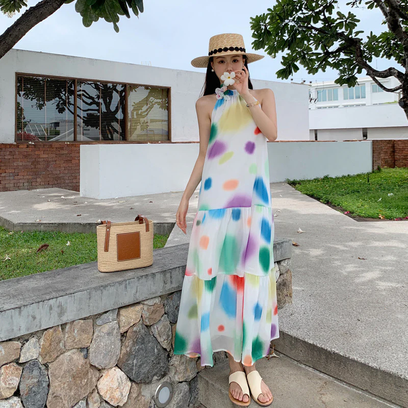 2025 Dopamine color polka dot sleeveless neck dress women's summer new vacation style loose and thin beautiful long dress - Deanwangkt