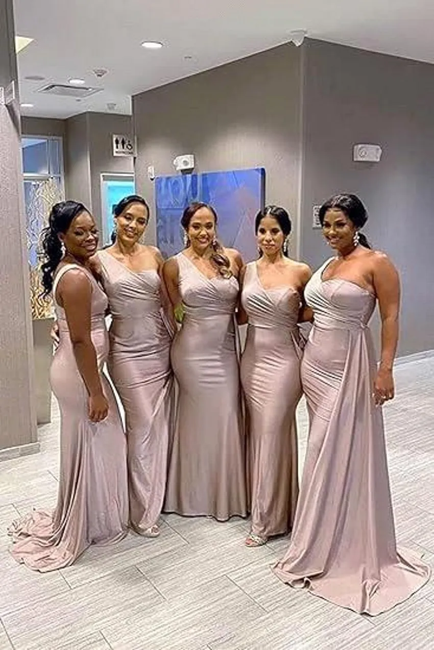 Simple Designed One Shoulder Bridesmaid Dresses Elegant  New Satin Pleats Floor Length Maid of Honor Gowns Plus Size Custom Made Robes BM5015 - Deanwangkt