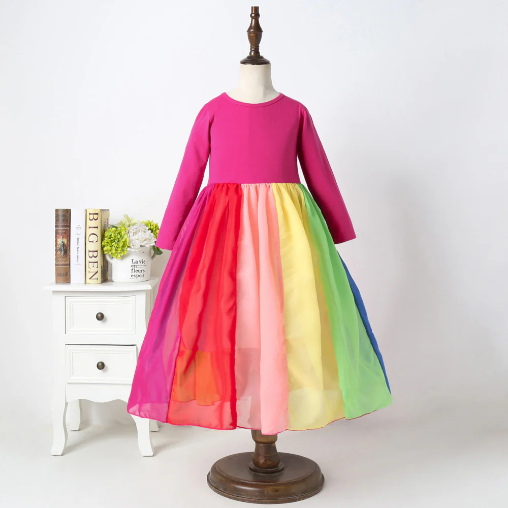 Popular Foreign Trade Children's Dress Autumn and Winter Long Sleeves Rainbow Mesh Dress Girl's Rainbow Printing Princess Dress - Deanwangkt