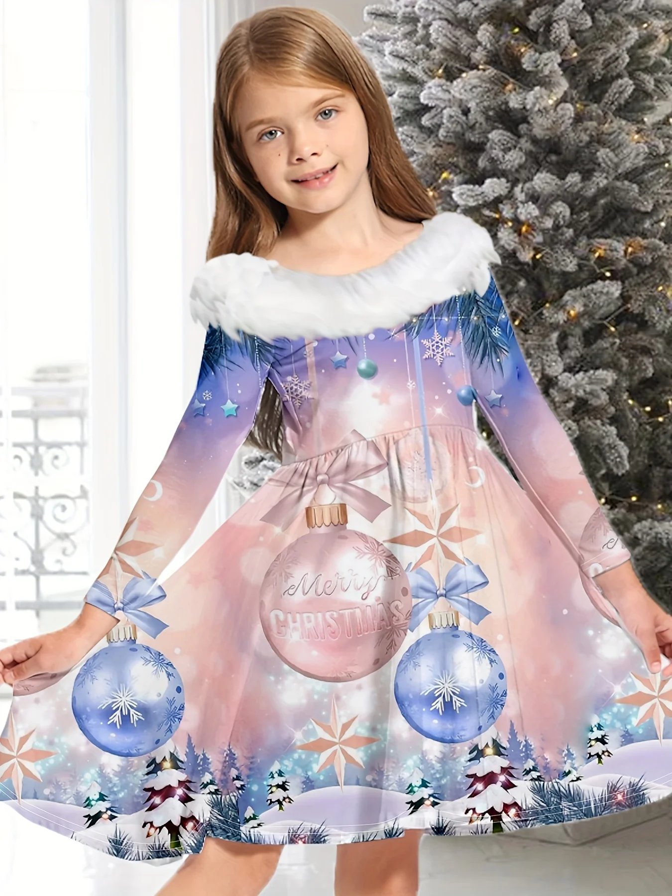 Long Sleeve Elegant Girls Graphic Jingle Bell Christmas Dress Gift - Deanwangkt