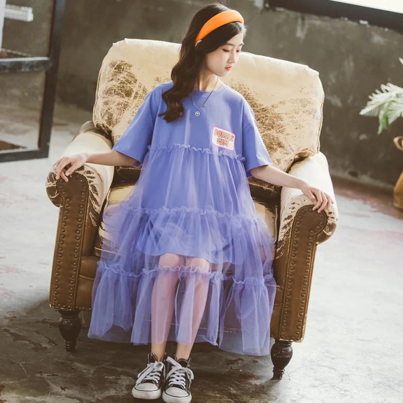 Girls' Short Sleeve Dress Summer  New Medium and Big Children Summer Dress Children's Mesh Princess Dress Western Style - Deanwangkt