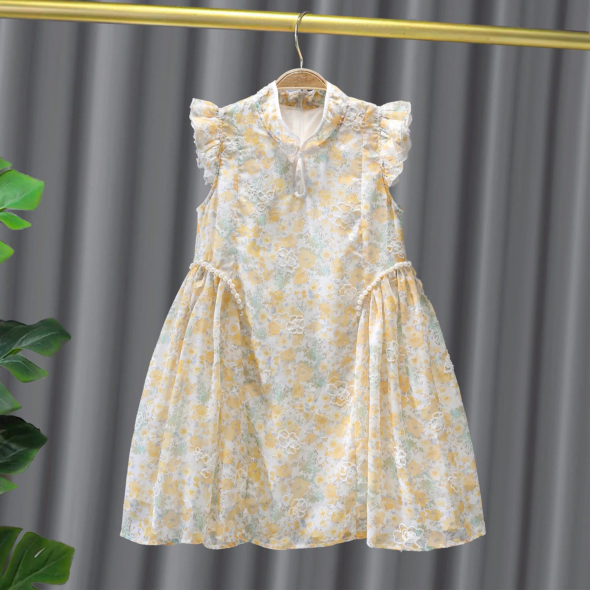 Girls' Skirt Children's Summer Clothing  Women's Lace Sleeve Chiffon Floral Cheongsam National Style Dress Girls - Deanwangkt