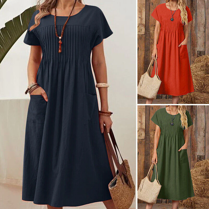 DEANWAQNGKT  Cross-Border Foreign Trade  European and American Women's Clothing Long Dress New Solid Color round Neck Pocket Pleated Short Sleeves Cotton Linen Dress - Deanwangkt