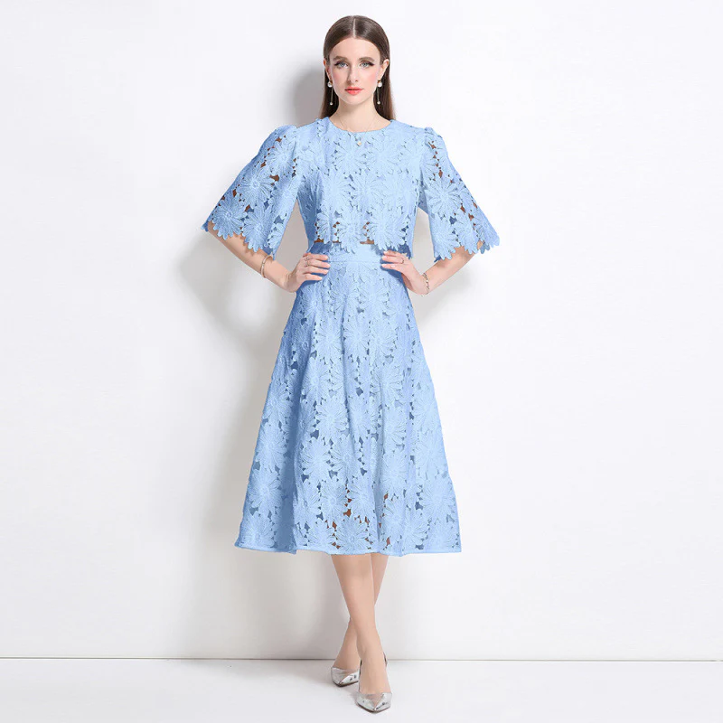 spring and summer embroidery hollow crew neck horn short top + vacation water-soluble lace skirt long skirt set - Deanwangkt