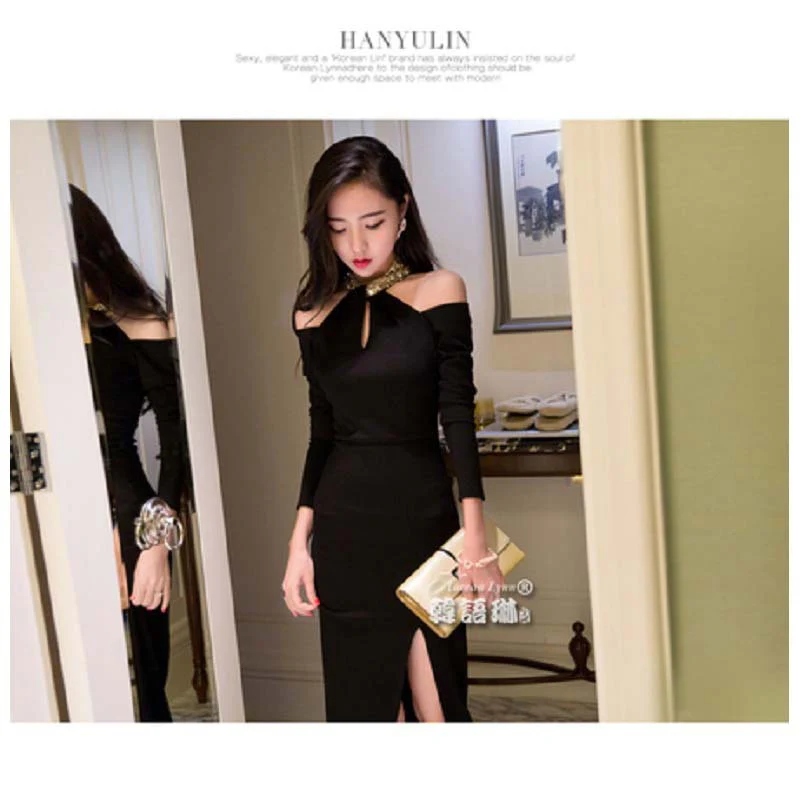 Small Dress New New Korean Style Elegant Sexy off-Shoulder Long Dress Slim Halter Dress Women - Deanwangkt