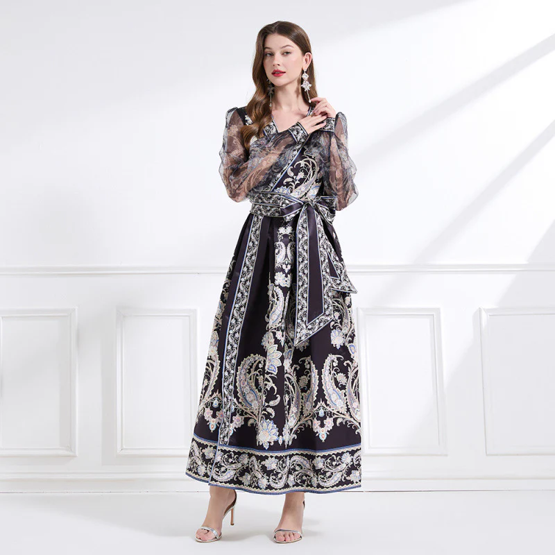 Retro court dress women's design sense printing strap waist long  bubble sleeve temperament dress women - Deanwangkt