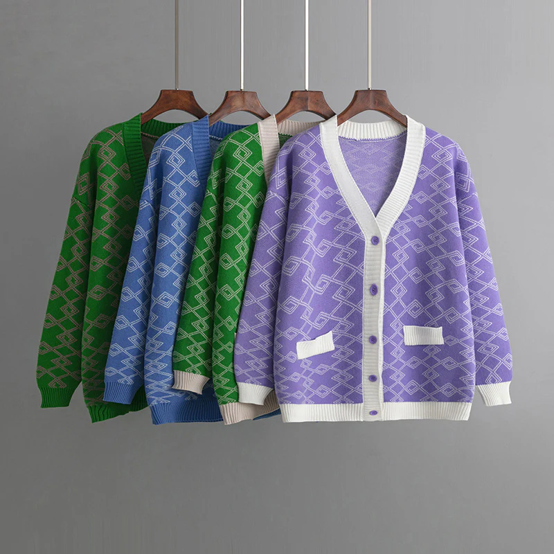 DEANWANGKT Cross-border large-size women's clothing New autumn and winter jacquard contrasting color loose sweater long cardigan jacket - Deanwangkt