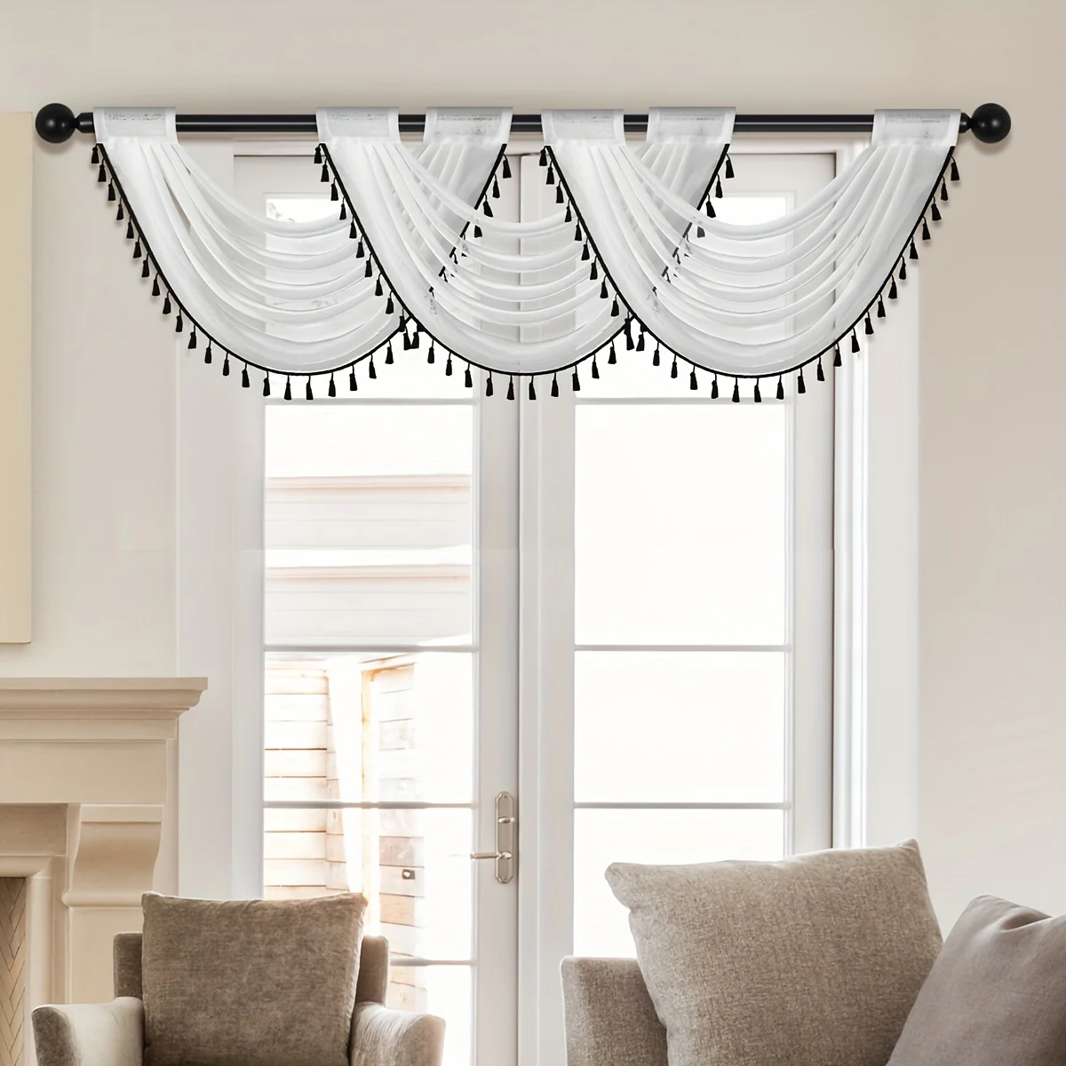 1pc Fashionable Sheer Wave Curtain Valance With Tassels Edge - Light-Transmitting, Rod Pocket, Perfect For Living Room, Bedroom, And Kitchen - 30x24 Inches - Deanwangkt