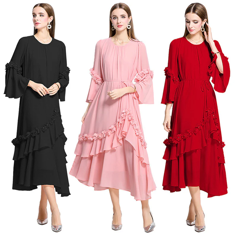 summer new heavy industry three-dimensional flower irregular round neck loose chiffon long dress - Deanwangkt