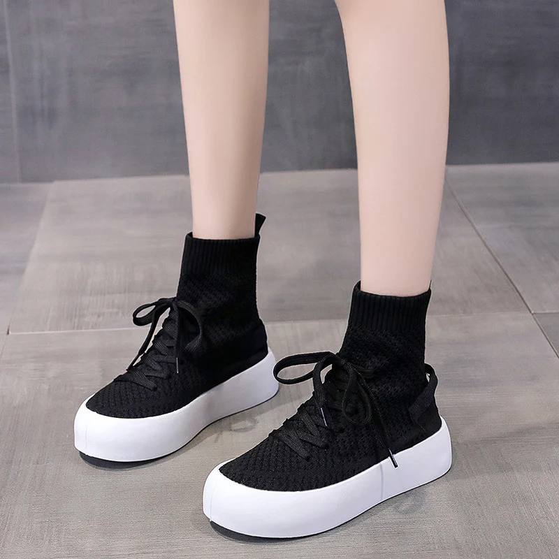 Stretch Sock Shoes Women's  Summer New Breathable Thin Leisure Sports Flat Bottom Slip-on Slimming Knitted Boots - Deanwangkt