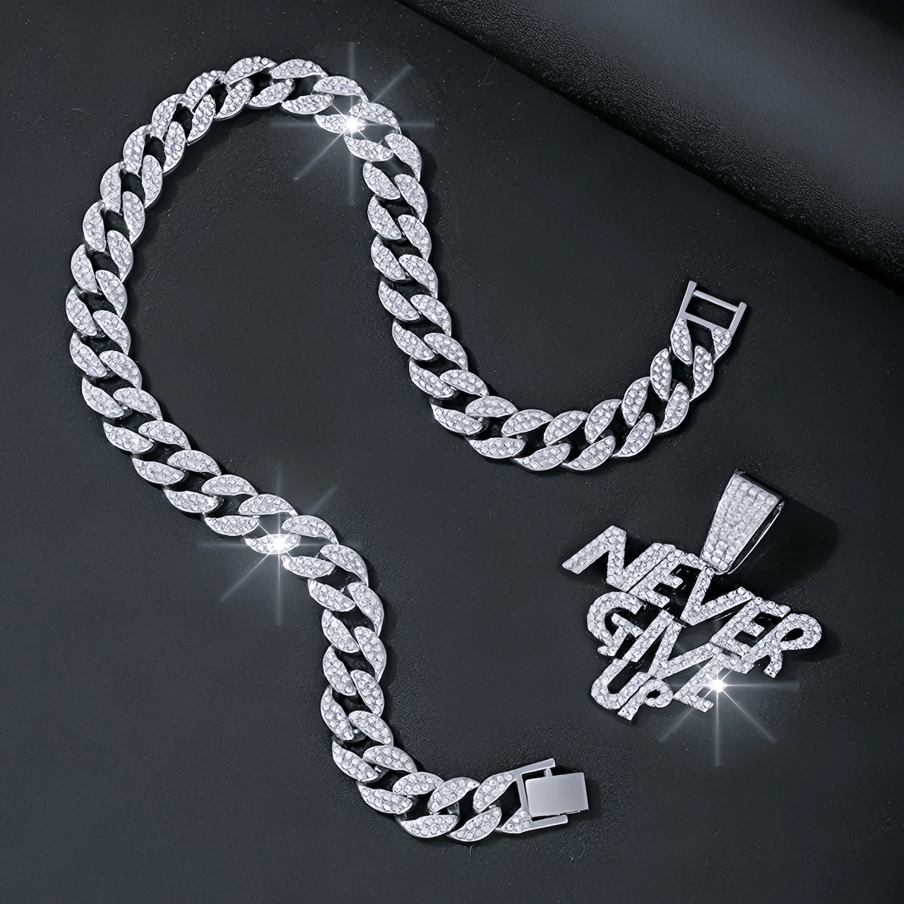 Never give up pendant hip hop Cuban chain necklace, chain length 18in wide 0.59in, gift box - Deanwangkt