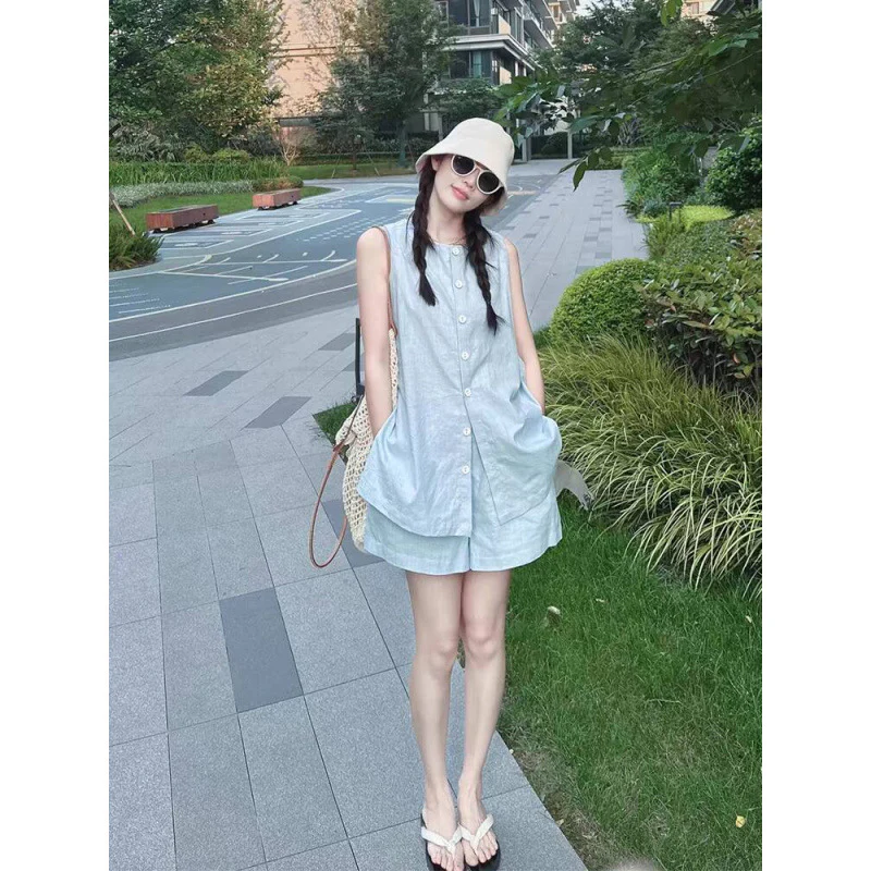 Linen sleeveless shirt set women's summer Korean wear fashionable loose vest elastic waist shorts two-piece set - Deanwangkt